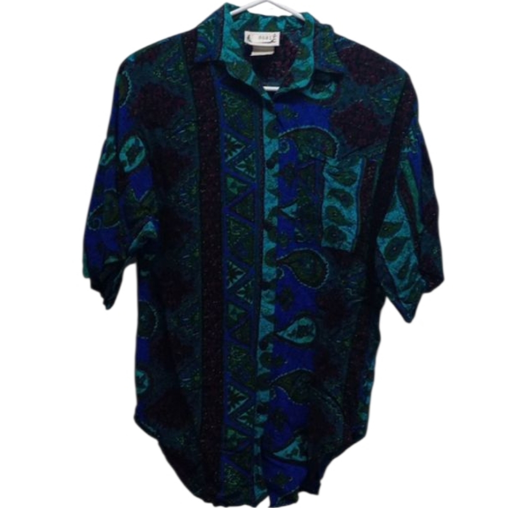 Expose Colorful Paisley Print Button Down Short Sleeve Shirt